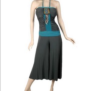 Boho Grey Teal Blue Flowy Beaded Jumpsuit